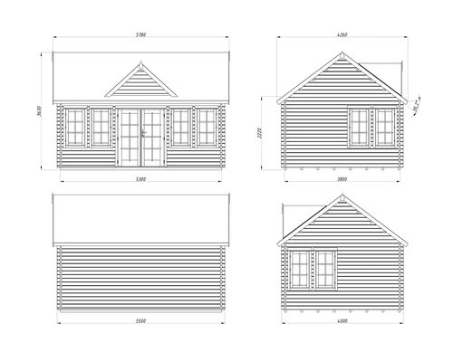 Technische Zeichnung eines Gartenhauses mit Abmessungen.