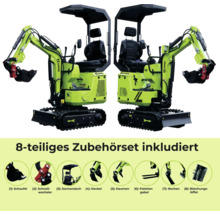 Zwei Minibagger mit 8-teiligem Zubehörset, inklusive Schaufel, Schnellwechsler, Sonnendach, Deckel, Daumen, Palettengabel, Rechen und Böschungslöffel