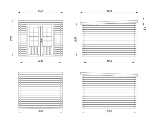 Technische Zeichnung eines Gerätehauses mit Maßangaben.
