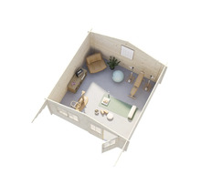 Innenansicht eines Gartenhauses, das als Fitnessraum eingerichtet ist, mit verschiedenen Fitnessgeräten und einer Sitzecke