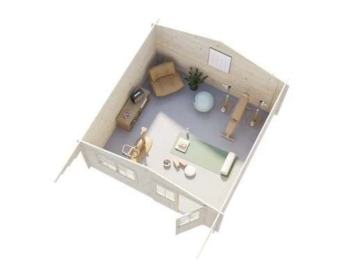 Innenansicht eines Gartenhauses, das als Fitnessraum eingerichtet ist, mit verschiedenen Fitnessgeräten und einer Sitzecke