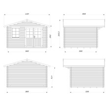 Technische Zeichnung eines Gartenhauses mit Maßangaben