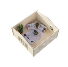 Innenansicht eines Holzblockhauses mit Möbeln