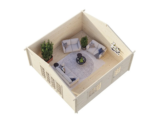 Innenansicht eines Holzblockhauses mit Möbeln