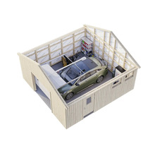 Garage mit Auto, Regalen und Batteriekasten