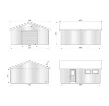Technische Zeichnung einer Gerätehausansicht mit Maßen