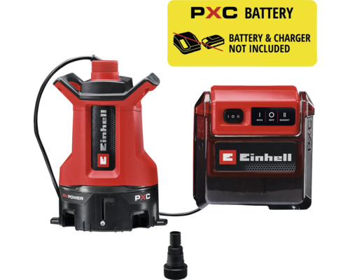 Einhell Akku-Schmutzwasserpumpe mit Einhell Logo. Akku und Ladegerät nicht im Lieferumfang enthalten.