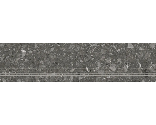 Stufenplatte in Terrazzo-Optik mit drei horizontalen, rutschhemmenden Rillen.