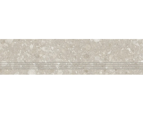 Feinsteinzeug-Stufenplatte mit drei horizontalen Rillen für Rutschhemmung in Terrazzo-Optik.