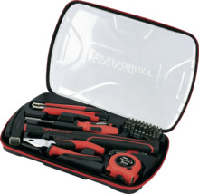 Werkzeugkoffer mit Hammer, Zange, Schraubendreher, Messer, Maßband und Bits