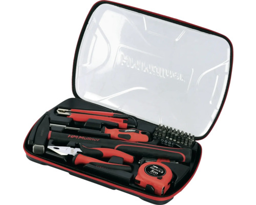 Werkzeugkoffer mit Hammer, Zange, Schraubendreher, Messer, Maßband und Bits