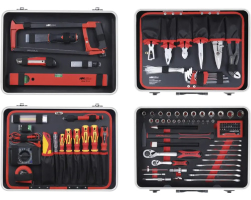 Vier Werkzeugkoffer mit verschiedenen Werkzeugen wie Säge, Schraubendreher, Hammer und Zangen