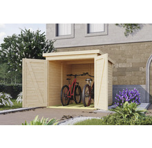 Holzfahrradhaus mit zwei offenen Türen und Fahrrädern darin vor einem Haus