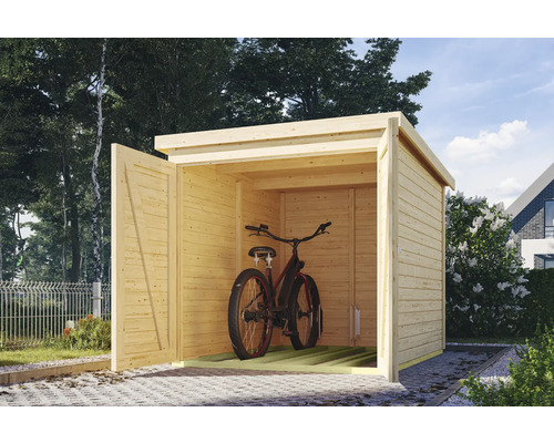 Fahrradschuppen aus Holz mit geöffneten Türen und einem Fahrrad darin