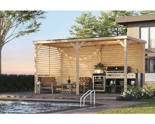 Holzpavillon mit Grill, Sitzgruppe und Pool für den Außenbereich