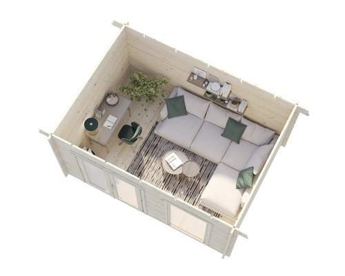 Innenansicht eines Gartenhauses mit Sitzecke und Schreibtisch