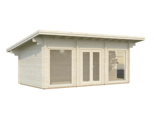 Holzgartenhaus mit Flachdach und Fenstern