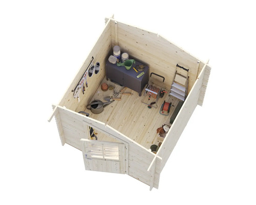 Innenansicht eines Holzgartenhauses mit Werkzeugen und Gartengeräten