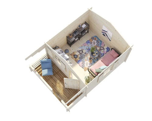 Innenansicht eines Holzhauses mit Möbeln und Dekoration