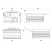 Technische Zeichnung eines Gartenhauses mit Maßangaben