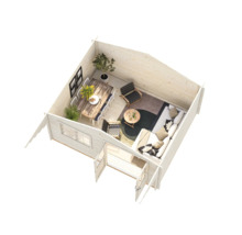 Innenansicht eines Gartenhauses mit Esstisch, Sofa und Sesseln