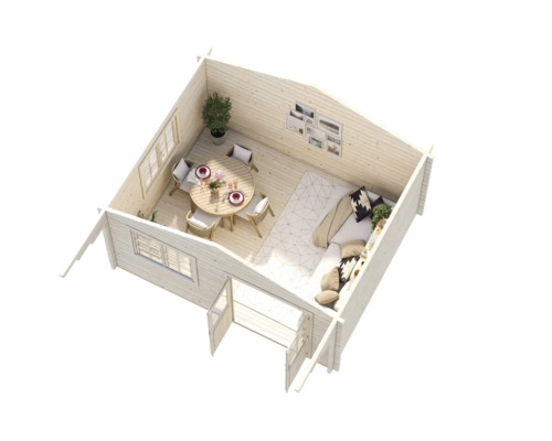 Innenansicht eines Holzhauses mit Esstisch, Sofa und Fenstern