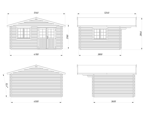 Technische Zeichnung eines Gartenhauses mit Maßen.