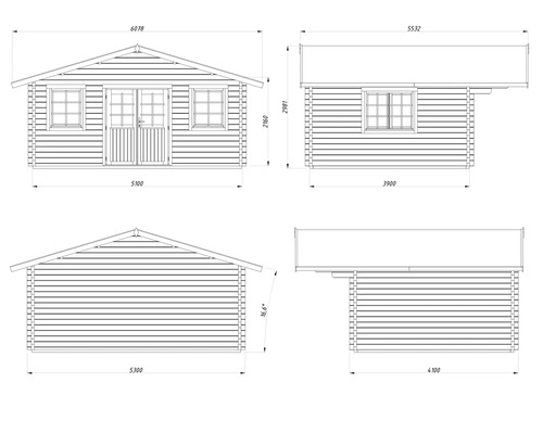 Technische Zeichnung eines Gartenhauses mit Maßangaben.