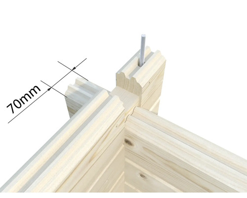 Detailansicht einer Ecke aus Holz mit einer Größenangabe von 70 mm und einem Gewindestab.