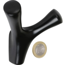 Schwarzer Garderobenhaken aus Kunststoff mit Euro-Münze zur Größenorientierung.