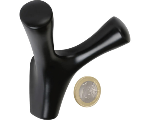 Schwarzer Garderobenhaken aus Kunststoff mit Euro-Münze zur Größenorientierung.