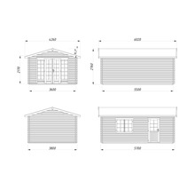 Technische Zeichnung eines Gartenhauses mit Maßangaben