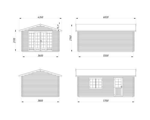 Technische Zeichnung eines Gartenhauses mit Maßangaben