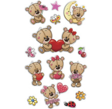 Aufkleberbogen mit Bärenmotiven, Blumen, Herz und Mond