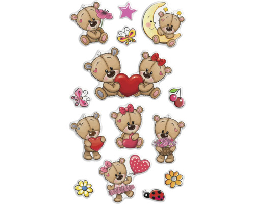 Aufkleberbogen mit Bärenmotiven, Blumen, Herz und Mond