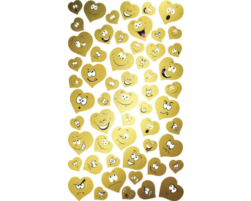 Eine Vielzahl goldfarbener Herzaufkleber mit verschiedenen Gesichtsausdrücken.