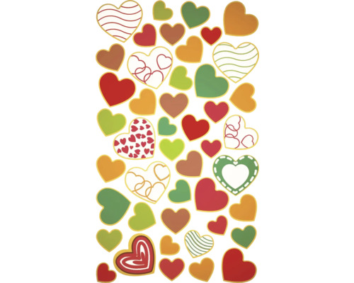 Ministicker Zuckerherzen 8x12,5 cm Illustration von verschiedenfarbigen Herzen mit goldenen Umrandungen