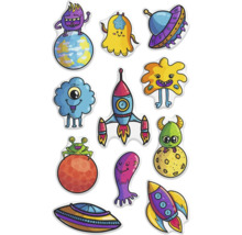 Aufkleberbogen mit Motiven von Monstern, Raketen und Ufos