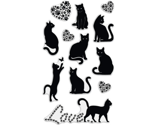 Illustration verschiedener schwarzer Katzen und Herzen mit Pfotenabdrücken