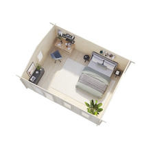 Innenansicht eines Gartenhauses mit Schlafzimmer und Arbeitsbereich