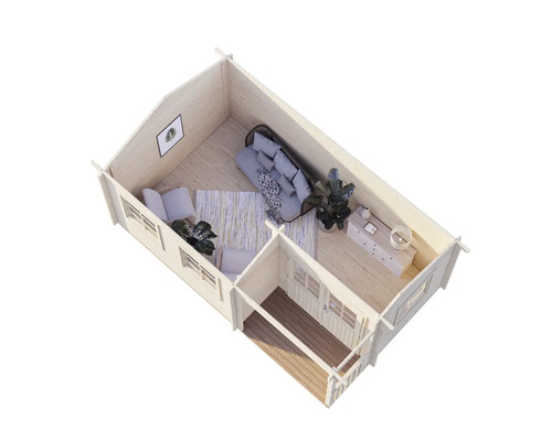 Innenansicht eines Holzhauses mit Möbeln, die ein Wohnzimmer und ein Schlafzimmer simulieren.