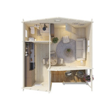 Innenansicht eines Holzhauses mit Bad, Küche, Wohnbereich und Terrasse