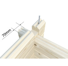 Detailansicht einer Ecke eines Holzhauses mit einer Maßangabe von 70 mm