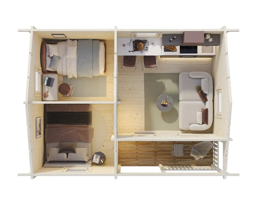 Grundriss eines Gartenhauses mit Schlafzimmer, Küche und Wohnzimmer