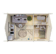 Grundriss eines Holzhauses mit Wohnzimmer, Küche, Bad und Schlafzimmer