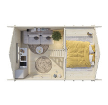 Draufsicht eines Holzhauses mit Wohnbereich, Küche und Schlafzimmer