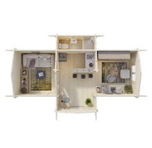 Draufsicht eines Gartenhauses mit Wohnzimmer, Bad, Küche und Schlafzimmer