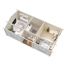 Draufsicht eines Holzhauses mit Wohnzimmer, Bad und Schlafzimmer