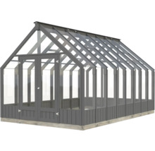 Gewächshaus mit Glaswänden und grauem Rahmen