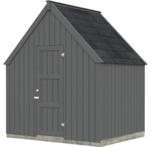 Grauer Geräteschuppen mit Giebeldach und Tür